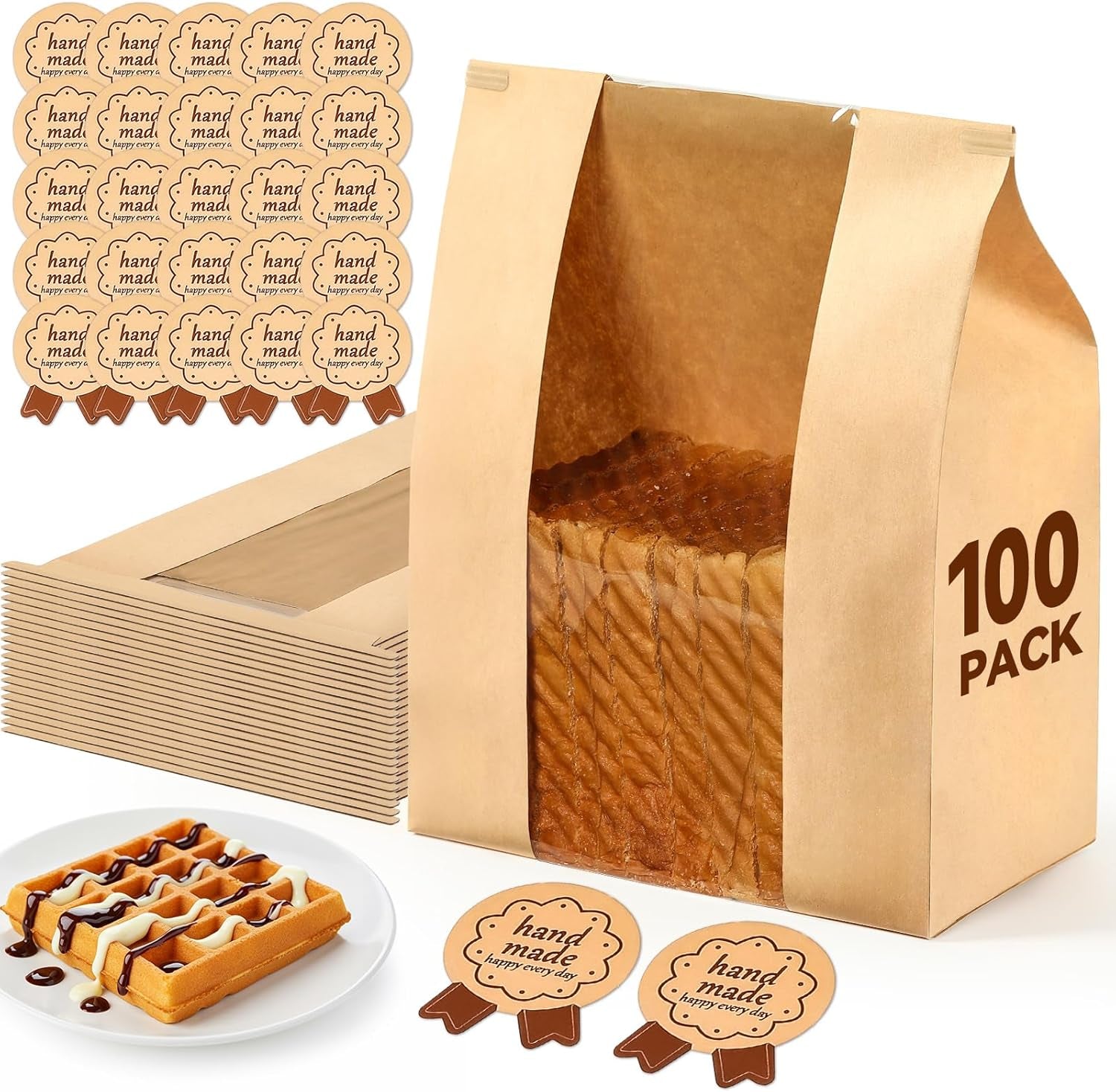 100 Pack Paper Bread Bags with Tin Tie Lock & Clear Window - Large Bakery Bags for Homemade Sourdough Bread, Cookies, Snacks Storage 14"X8.3"X3.5" Includes Seal Stickers
