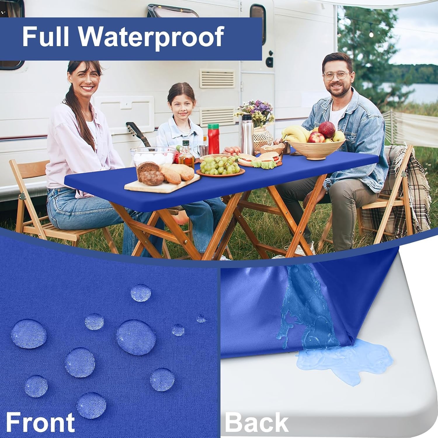 2 Pack 6 Foot Rectangle Elastic Fitted Tablecloth, Waterproof Fabric Table Cover, Washable Polyester Table Cloth for Picnic, Camping, Outdoor (Blue, 30" X 72")