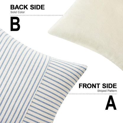 Light Blue and Beige Patchwork Farmhouse Pillow Covers 18X18 Inch, Pack of 2 Striped Linen Spring Decorative Modern Accent Pillow Cases for Sofa Couch Bedroom