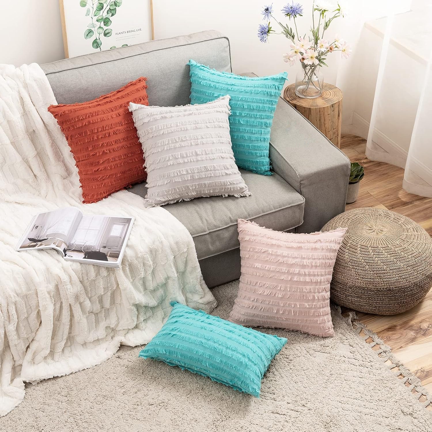 Set of 2 Fall Decorative Boho Throw Pillow Covers Linen Striped Jacquard Pattern Cushion Covers for Sofa Couch Living Room Bedroom 18X18 Inch Burnt Orange