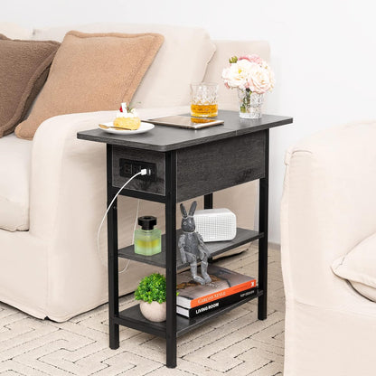 End Table with Charging Station, Flip Top Side Table with USB Ports and Outlets, Sofa Couch Table Bedside Table for Living Room Bedroom, Narrow Nightstand with Storage Shelves for Small Space