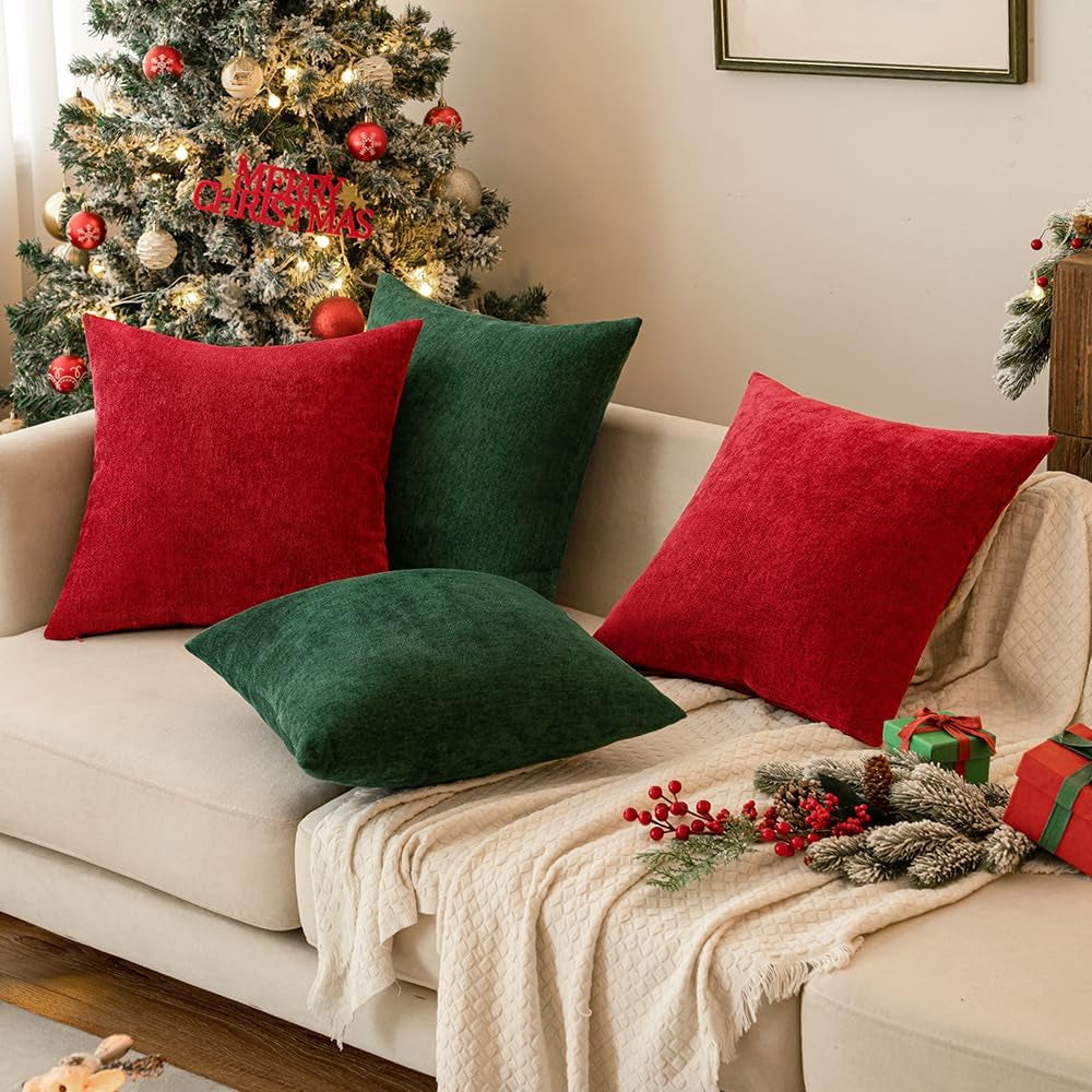 Pack of 2 Red Decorative Christmas Pillow Covers 20X20 Inch Soft Chenille Couch Throw Pillows Farmhouse Cushion Covers for Home Decor Sofa Bedroom Living Room