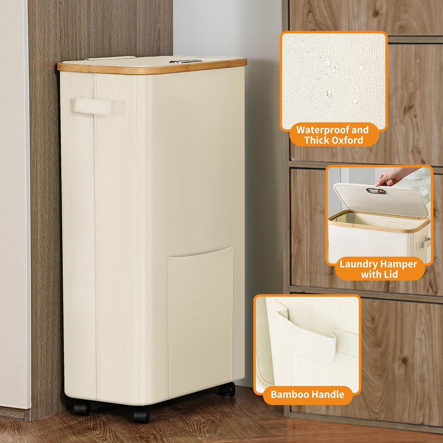 Laundry Basket with Wheels, Dirty Clothes Hamper on Wheels, Rolling Tall Laundry Hamper with Lid for Laundry Room, Dorm and Bathroom, 75L Beige