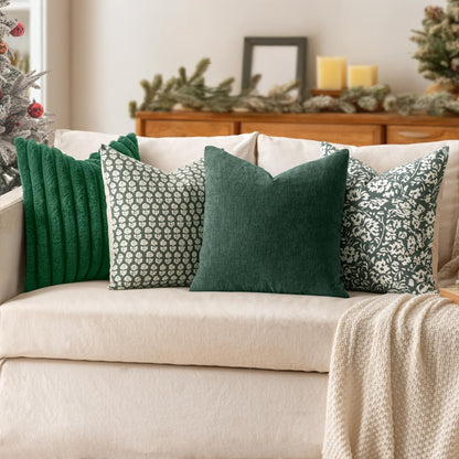 Dark Green Couch Pillow Covers 18X18 Inch, Set of 2 Soft Chenille Decorative Square Throw Pillow Covers Christmas Farmhouse for Sofa Living Room Bed