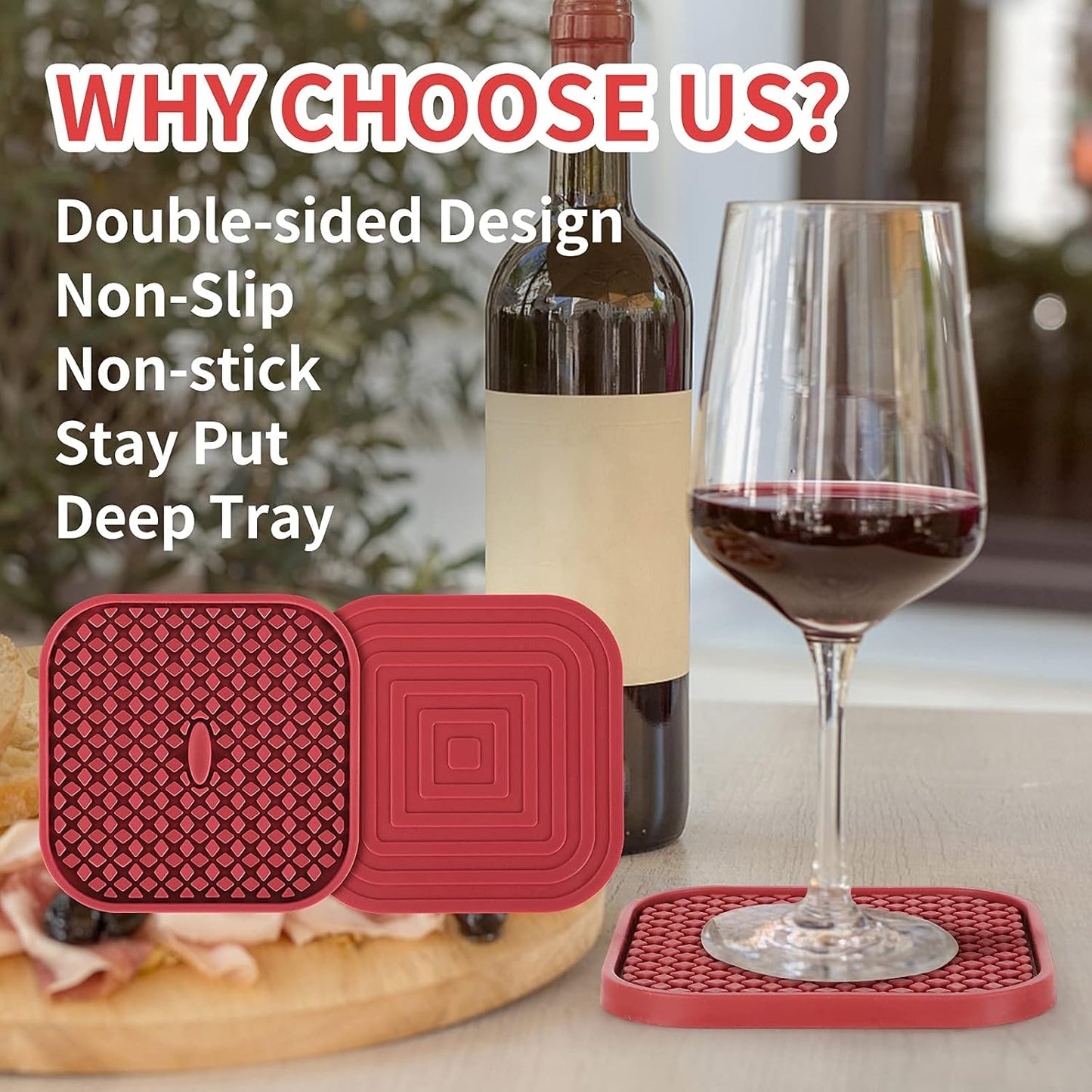 Silicone Coasters with Holder [6 Pack] Square Drink Cup Mat - Non-Slip, Non-Stick, Stay Put, Deep Tray - Prevents Furniture and Tabletop Damages Black