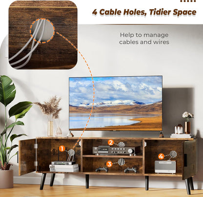 55-Inch TV Stand and Entertainment Center with Adjustable Shelves, Dual Cabinets, Solid Wood Feet, and Cord Management for Living Room and Bedroom in Rustic Brown Finish