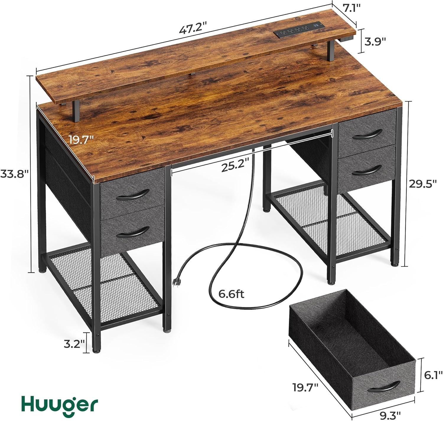 47-Inch Computer Desk with Four Drawers, LED Lighting, and Power Outlets - Spacious Home Office and Gaming Desk in Rustic Brown and Black