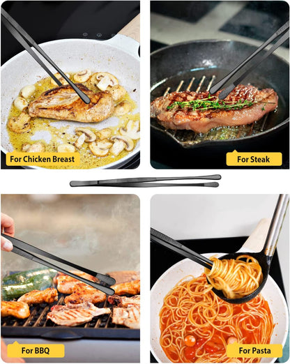 4 Pcs Fine Long Tweezer Tongs Professional Black, 12'' and 10'' Stainless Steel for Kitchen, Food, Cooking, Repairing, Sea Food and BBQ