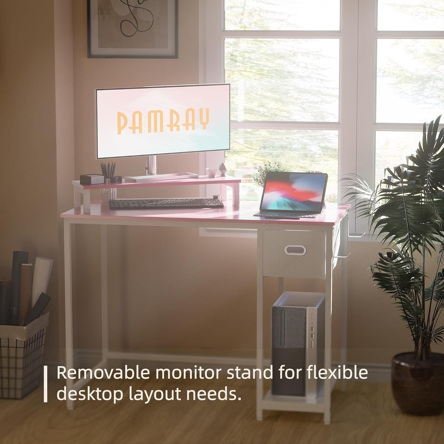 39 Inch Computer Desk with Monitor Stand Small Home Office Desks with Non-Woven Storage Drawer for Bedroom Study Table Writing and Work Desk Pink