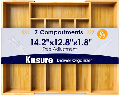 Large Bamboo Silverware Organizer - Expandable Drawer Organizer for Utensil, Cutlery and Flatware, Kitchen Storage Solution with 6 to 8 Slots, Natural, 18.7" × 12.8" × 1.8"