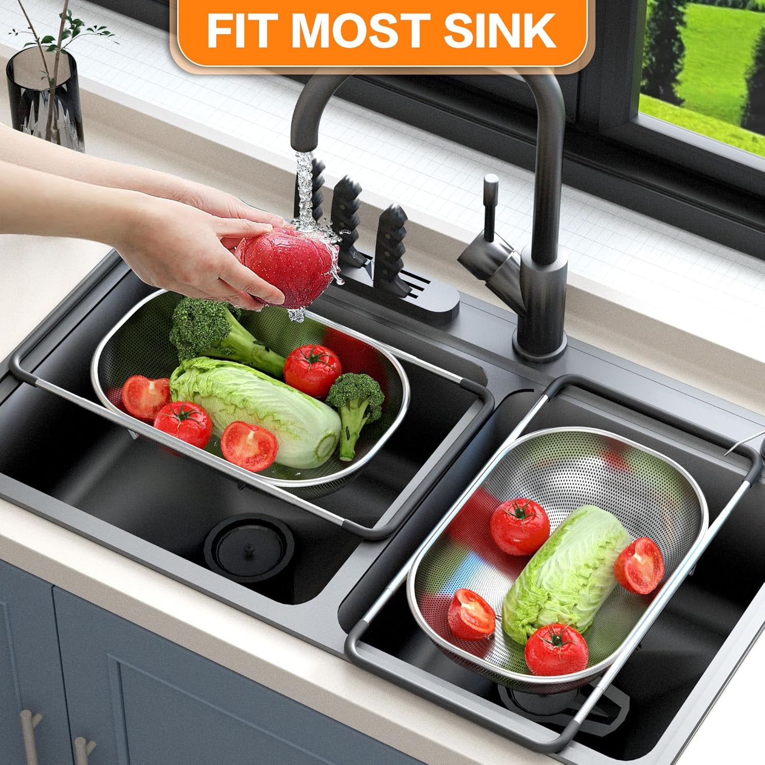 Expandable Over-the-Sink Colander with Rubber Grip - Fine Mesh Strainer for Vegetables, Fruits, and Pasta - Essential Kitchen Tool (9.5W x 13.4-21.3L x 3.3H)