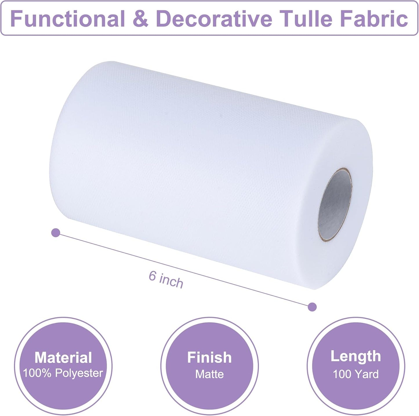 White Tulle Fabric Rolls 6 Inch by 100 Yards (300 Feet) Tulle Roll Spool Fabric for DIY Tutu Skirt Baby Shower Birthday Party Wedding Decorations Christmas Craft Supplies (White)