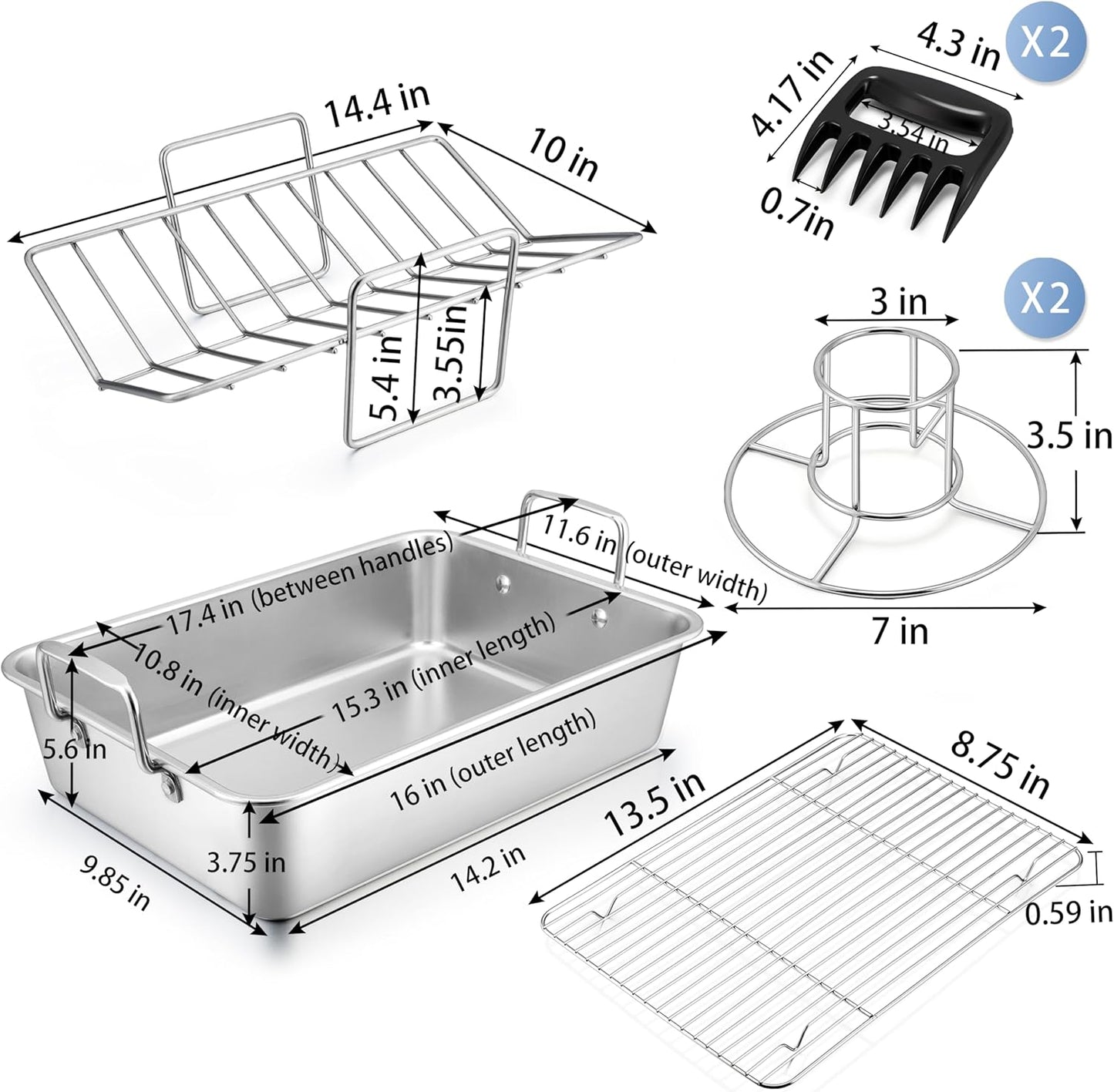 16" Roasting Pan with Rack, 7 PCS  Stainless Steel Roaster Lasagna Pan with Cooling Flat & V-Shaped Baking Rack, Grilling Chicken Holder, Meat Shredding Claws, Dishwasher & Oven Safe