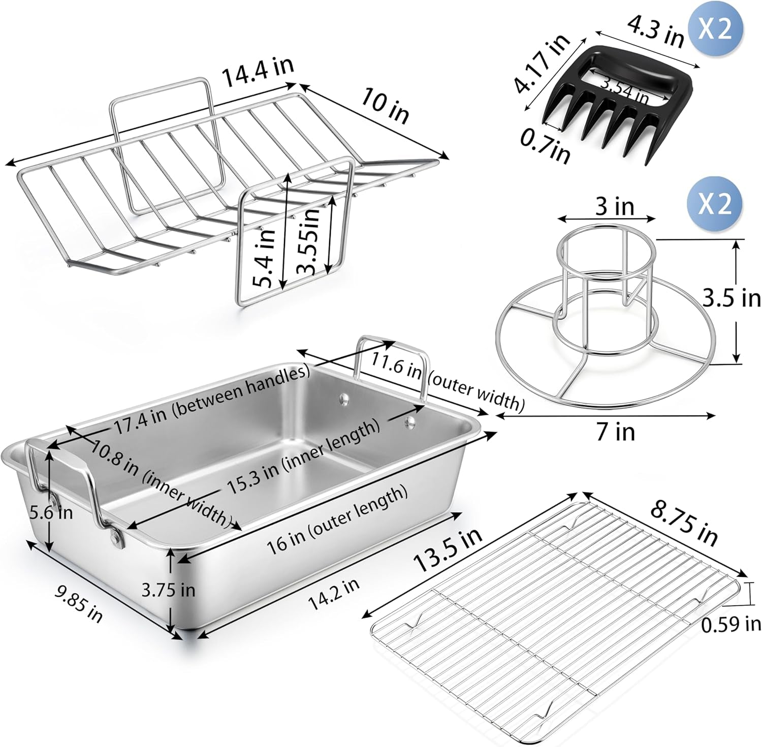 16" Roasting Pan with Rack, 7 PCS  Stainless Steel Roaster Lasagna Pan with Cooling Flat & V-Shaped Baking Rack, Grilling Chicken Holder, Meat Shredding Claws, Dishwasher & Oven Safe