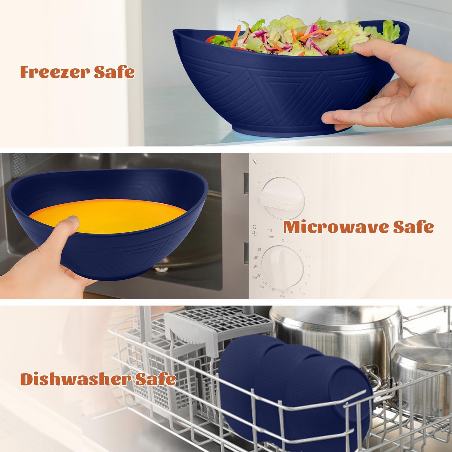 Wheat Straw Oval Serving Bowls, 9.6 Inches, Set of 4 - Dark Blue, 60 OZ Capacity, Microwave and Dishwasher Safe, Perfect for Salads, Popcorn, and Events