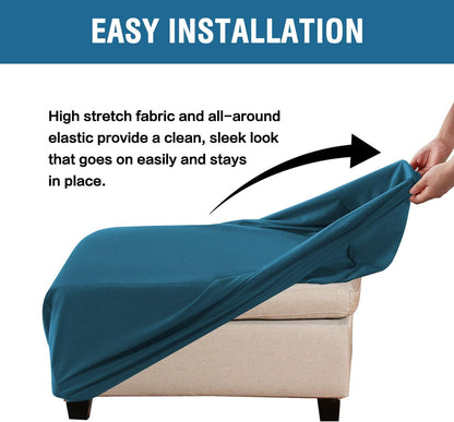 100% Waterproof Ottoman Cover Rectangle Stretch Velvet Ottoman Slipcovers for Living Room with Nonslip Elastic Bottom Furniture Protector Thick Soft Fleece Fabric (Large, Peacock Blue)