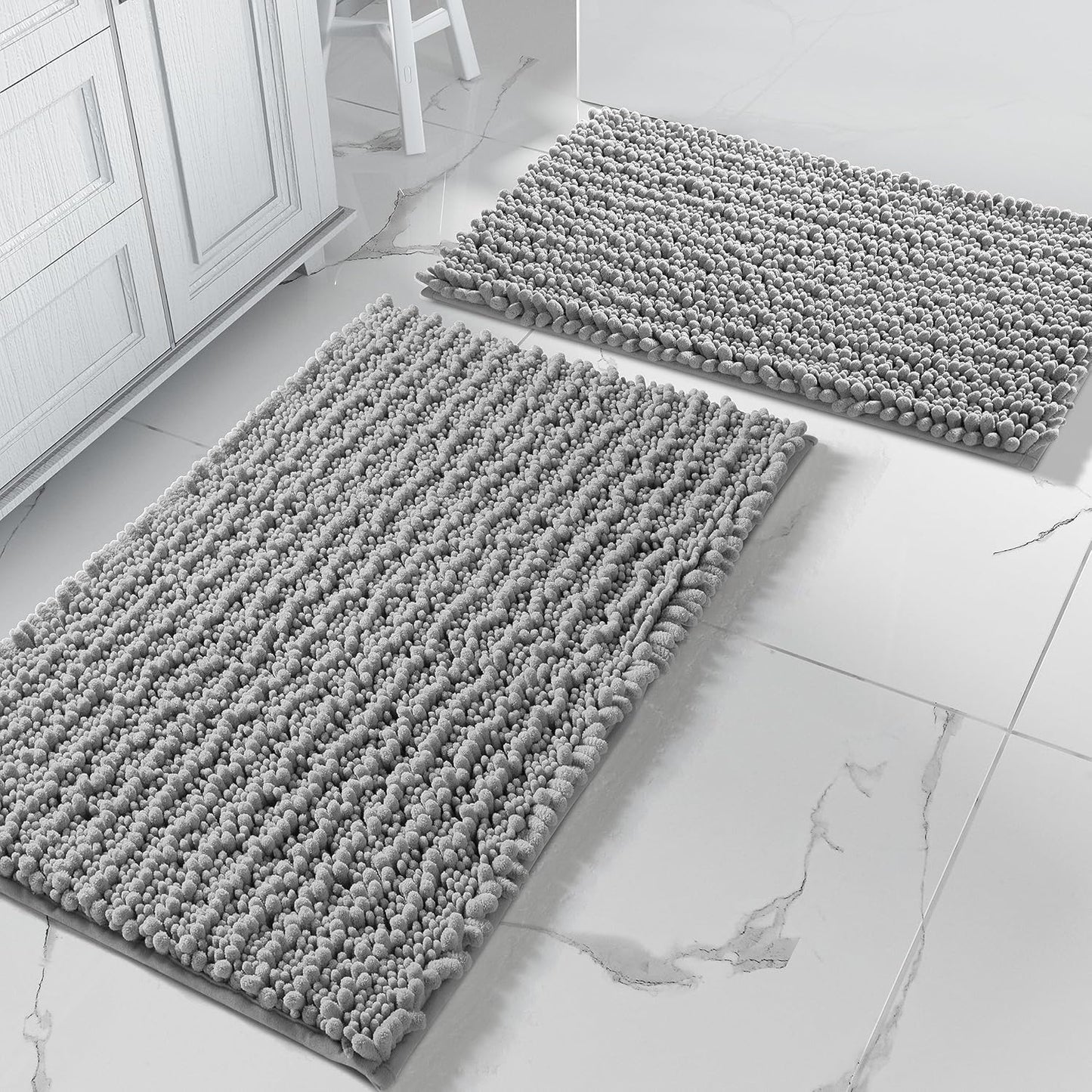 Bathroom Rugs Sets 2 Piece - Luxury Chenille Shaggy Bath Mat, Super Absorbent & Non Slip & Quick Dry, Soft Thick Bathroom Carpet for Tub Shower Floor, Machine Washable, 32X20+24X17 Inch, Grey