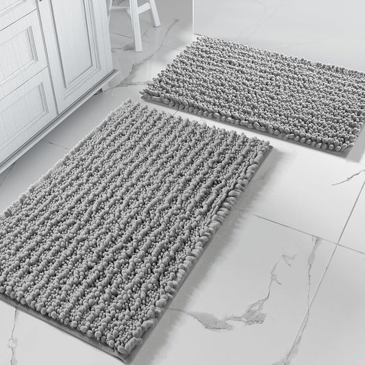 Bathroom Rugs Sets 2 Piece - Luxury Chenille Shaggy Bath Mat, Super Absorbent & Non Slip & Quick Dry, Soft Thick Bathroom Carpet for Tub Shower Floor, Machine Washable, 32X20+24X17 Inch, Grey