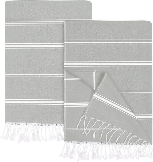 Pack of 2 Turkish Beach Towel (40X72 Inches), Oversized 100% Cotton Sand Free Lightweight Absorbent Quick-Dry Beach Blanket, Extra Large Turkish Bath Towels for Travel (Cool Grey)