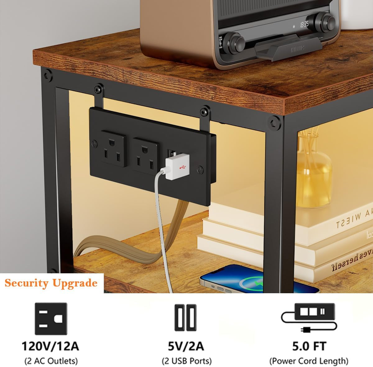 Rustic Brown Vertical Chest with Wood Top, Charging Station, LED Lights, and 5 Fabric Bins - Multifunctional Dresser and Nightstand for Bedroom and Entryway