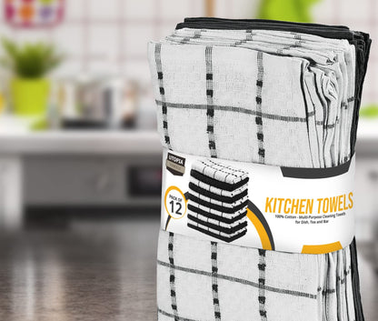 - Kitchen Towels 12 Pack, 15 X 25 Inches, 100% Ring Spun Cotton Super Soft and Absorbent Linen Dish, Tea and Bar Towels Set, Black