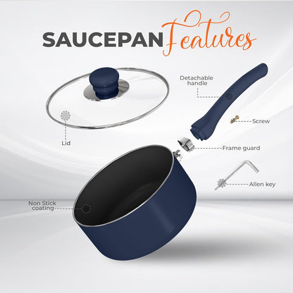 Detachable Handle Nonstick Saucepan with Glass Lid, Multipurpose Use for Home, Kitchen or Restaurant (Midnight Blue)