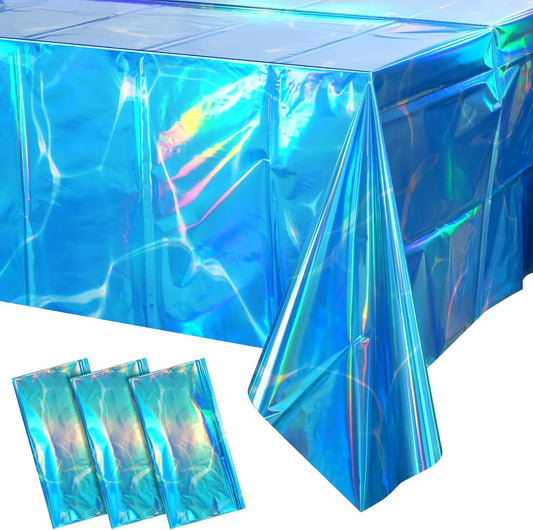 3 Pack Ocean Tablecloths Iridescent Plastic Disposable Table Cloth Rectangle Water Wave Table Covers for under Sea Ocean Pool Beach Party Decorations, 54 X 108Inch