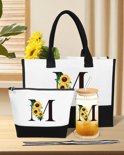 Personalized Gifts for Women, Monogrammed Gifts for Women, Initial Monogram Gift Sunflower Birthday Gift for Mom Sister Best Friends - Monogrammed Canvas Tote Bag & Makeup Bag & Glass Cup M