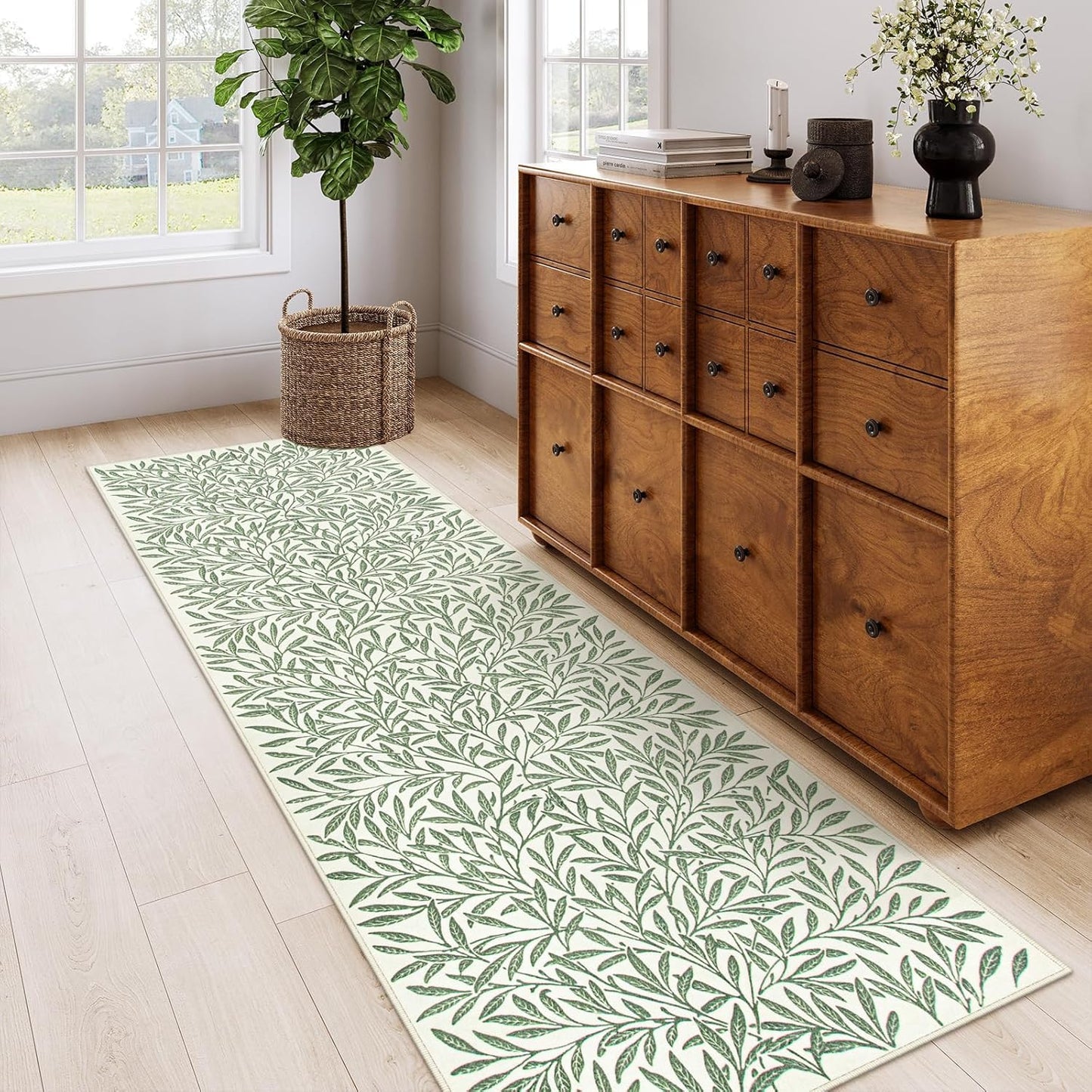 Botanical Boho Green Kitchen Runner, Non Skid, Washable Leaf Carpet for Hallway 8Ft, Non Shedding Modern Rug for Entryway Porch (2'5''X8'')