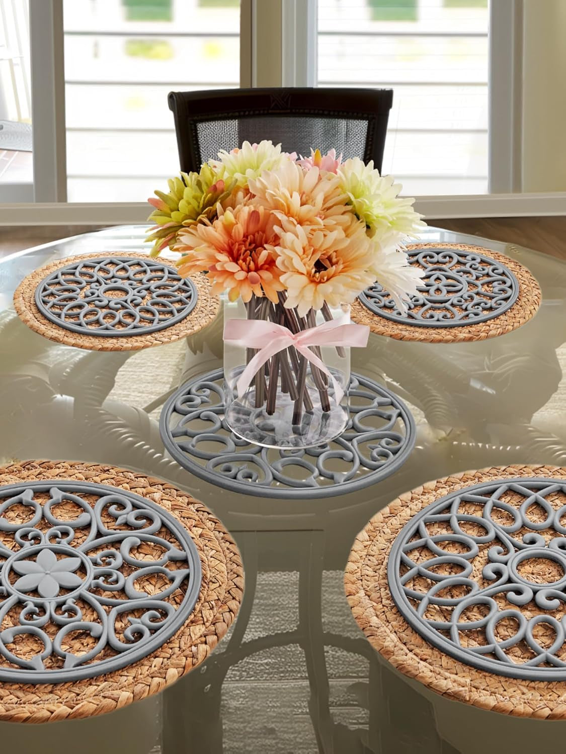 3 Set Silicone Trivet Mats, Multi-Use Carved Trivet Mat, Insulated Non-Slip Durable Kitchen Mats, Flexible Modern Kitchen Table Mat, for Hot Dishes, Pots, Dining Countertop, Grey, STM413H