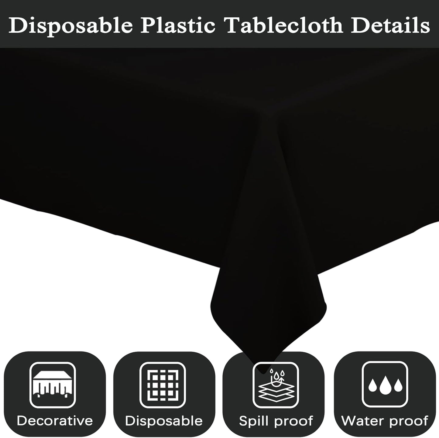 6 Pack Black Tablecloths Disposable Table Covers 54" X 108" Table Cloths for BBQ Birthday Picnic Bridal Shower Engagement Wedding Plastic Table Cloths for Parties