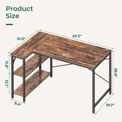 47-Inch L-Shaped Computer Desk with Reversible Storage Shelves for Home Office, Gaming, and Study, Metal Frame in Rustic Brown Finish