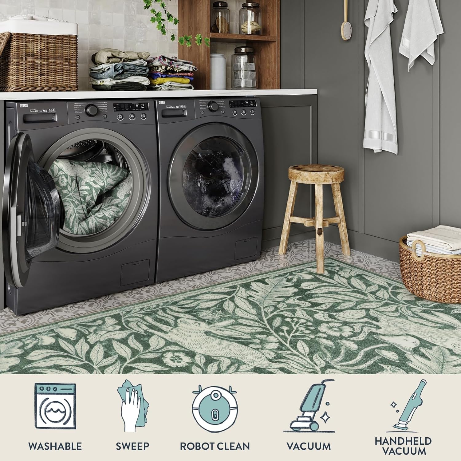 Rabbit 5X7 Washable Rugs for Living Room, Animal Soft Rugs for Dining Room, Whimsical Forest Woodland Print Green Carpet for Bedroom, Nature Non Shedding Non Slip Carpets Accent Rug