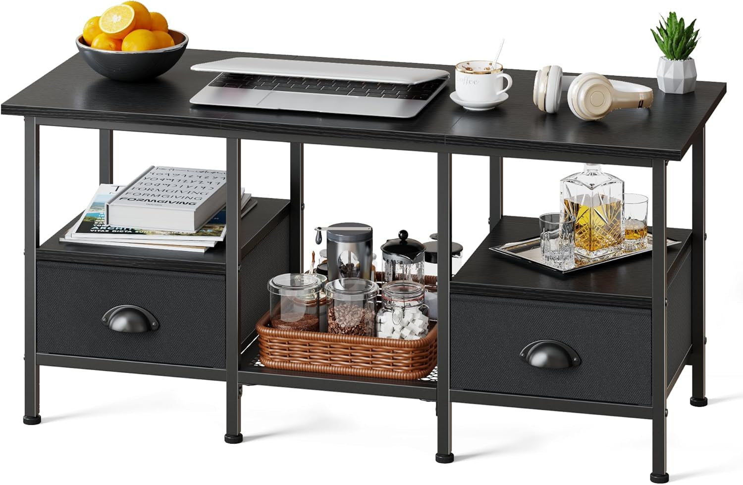35" Coffee Table with 2 Storage Drawers, Small Coffee Tables for Living Room, Modern Center Table with 2 Tier Shelf, Black