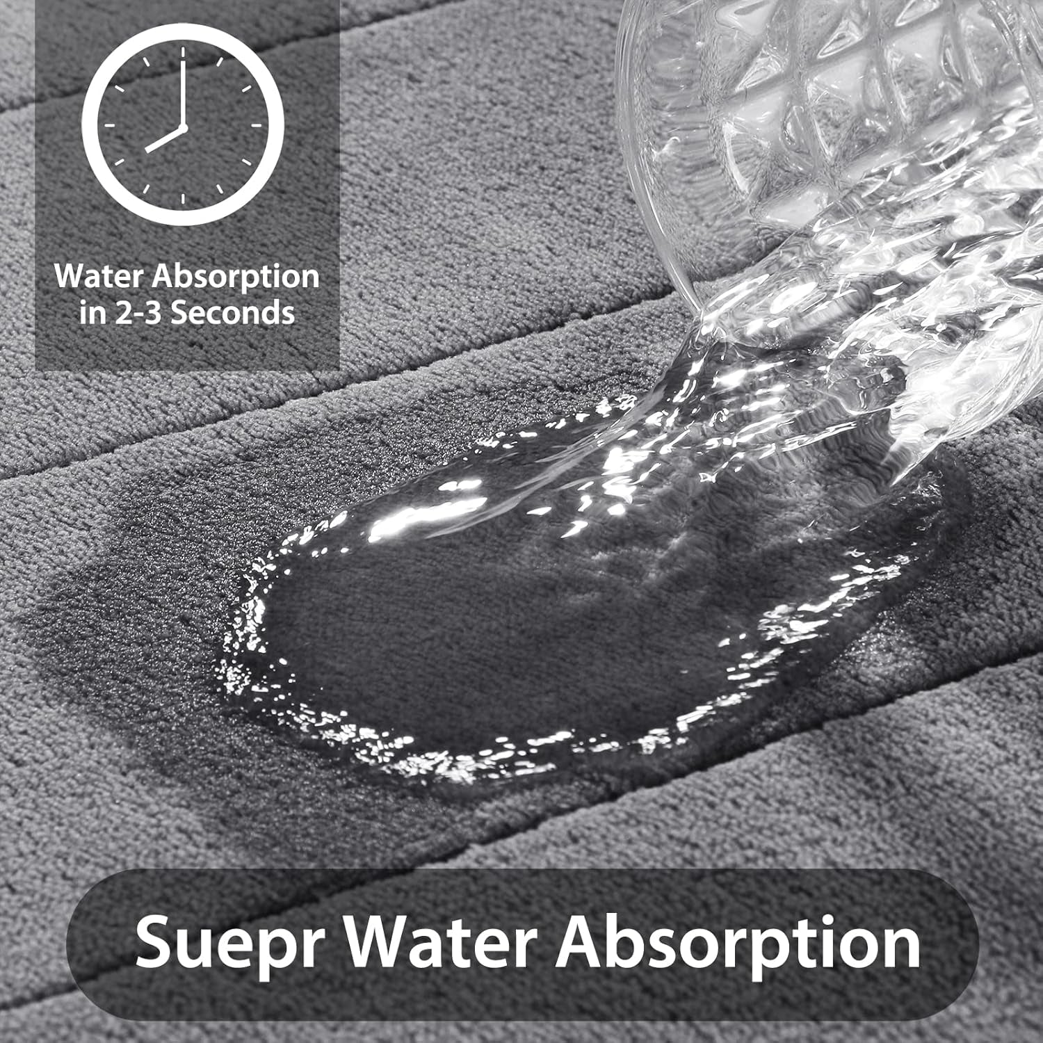 Memory Foam Bath Mat Set 3 Pieces- Super Soft Absorbent Quick Dry Bathroom Rug Sets, Machine Washable Non Slip Floor Carpet for Tub Shower, Vanity & Toilet Base, Gray