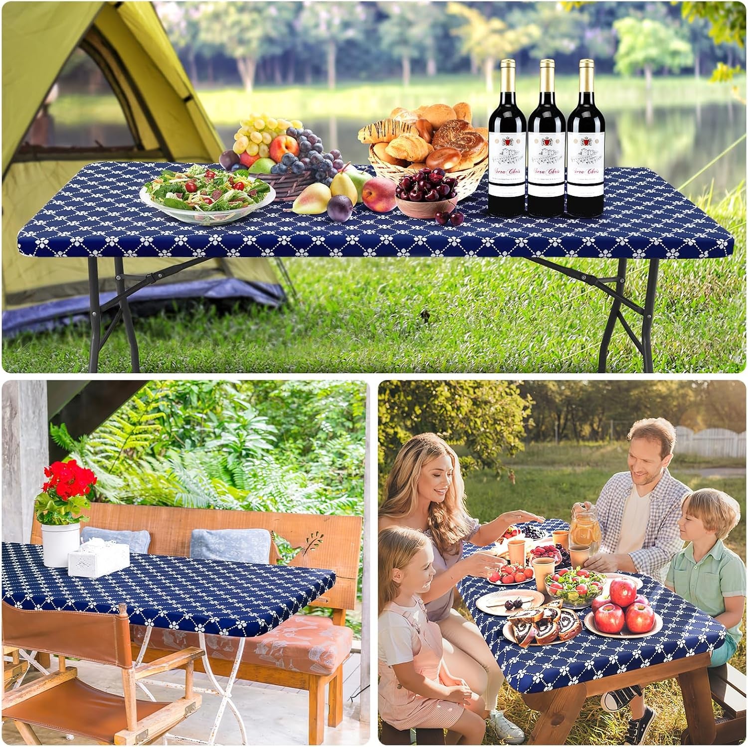 Rectangle Vinyl Table Cloth, Elastic Fitted Tablecloth with Flannel Backing, Waterproof Plastic Table Cover Fits 6 Foot Folding Tables for Camping, Indoor and Outdoor (Navy, 30" X 72")