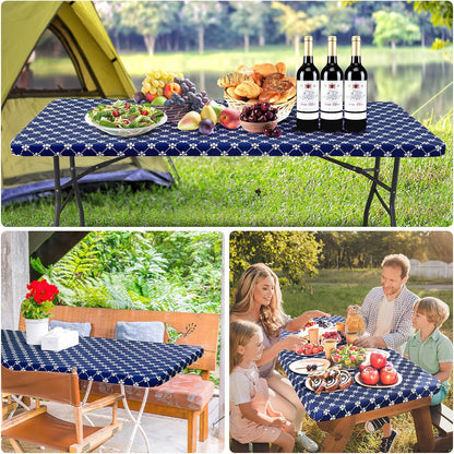 Rectangle Vinyl Table Cloth, Elastic Fitted Tablecloth with Flannel Backing, Waterproof Plastic Table Cover Fits 6 Foot Folding Tables for Camping, Indoor and Outdoor (Navy, 30" X 72")