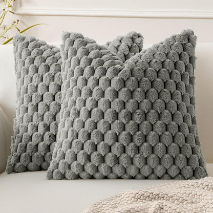 Grey Faux Fur Decorative Throw Pillow Covers 18X18 Inch Set of 2 Super Soft Cozy Plush Cushion Cases Luxury Fluffy Pillowcases for Sofa Couch Bed Living Room