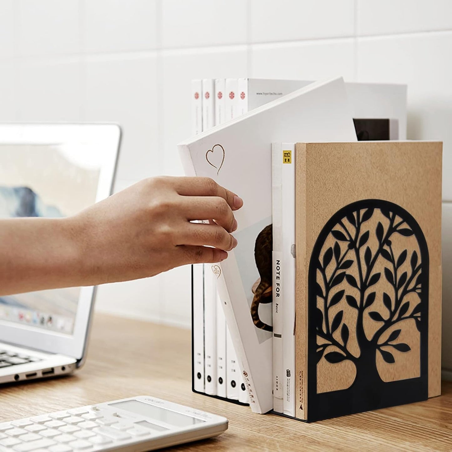 Book Ends, Metal Bookends for Shelves Decorative, Tree Stopper for Heavy Books, Black Ends to Hold Books for Home Office, 6.5 X 4.7 X 3.5 Inch(3 Pairs/6 Pcs, Large)