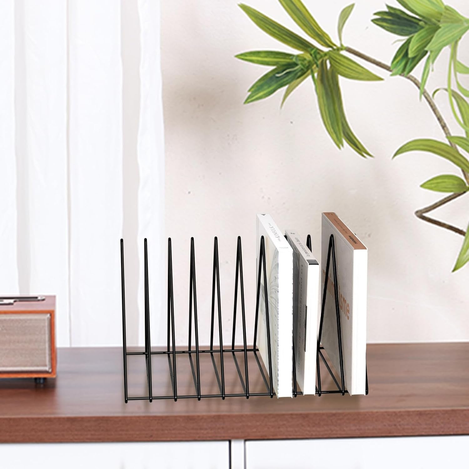Triangle Desk Organizer - Metal Wire Magazine Holder, 10 Sections, Decorative File Folder Organizer, Vinyl Record Storage, Office File Holder - Black