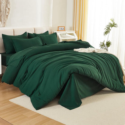 King Size Comforter Set Dark Emerald Green - 7 Pieces Bed in a Bag King Bedding Comforter Sets, Solid Lightweight Bed Set with Comforter, Sheets, Pillowcases & Shams