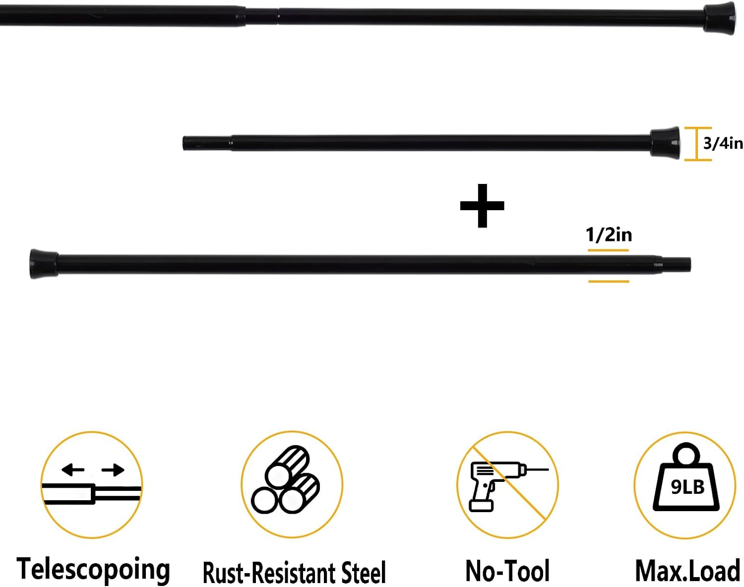 2Pcs Tension Curtain Rod Adjustable 28-40 Inch, Small Tension Rods No Drill, Expandable Spring Loaded Tension Rods for Window (Black)
