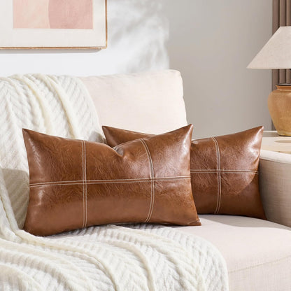2 Packs Brown Boho Lumbar Plaid Faux Leather Decorative Throw Pillow Covers 12X20 Inch for Living Room Couch Bed, Rustic Modern Home Decor, Hand Stitched Rectangle Cushion Case 30X50 Cm