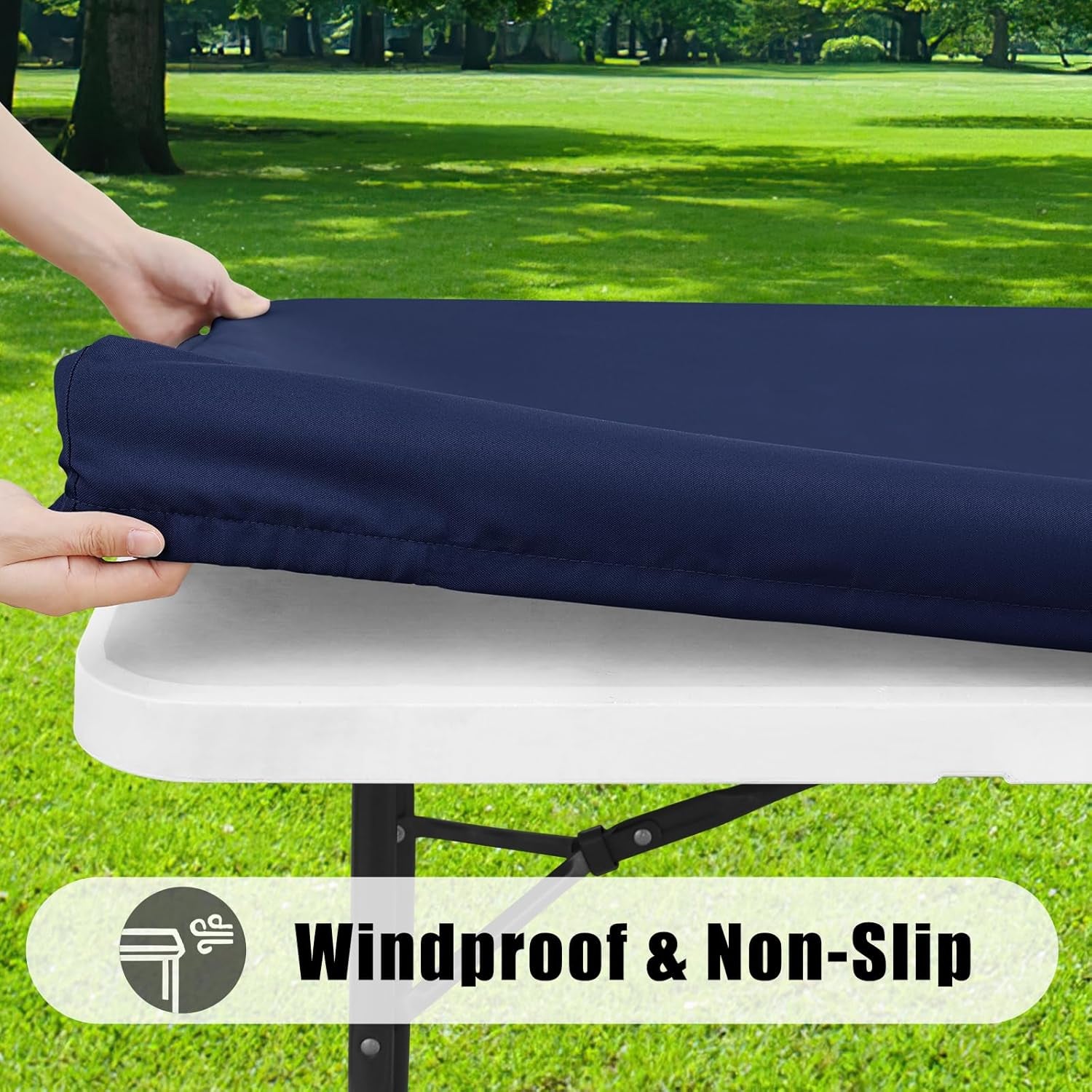 2 Pack Rectangle Picnic Table Cloth, Waterproof Elastic Fitted Tablecloths, Washable Polyester Rectangular Patio Table Cover for Camping, Indoor and Outdoor (Navy, 30"X48")