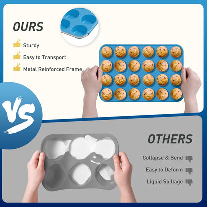 2 Pack 24 Cups Mini Muffin Pan with Metal Reinforced Frame Silicone Molds Baking Pans Molde Silicona Para Reposteria Tart Pans for Baking Mini Moldes Para Pasteles Molde Para Flan