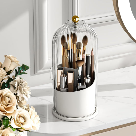 Makeup Brush Holder with Lid Cosmetic Tools Organizer 360 Rotating Waterproof Dustproof Beauty Brushes Storage for Vanity, Transparent