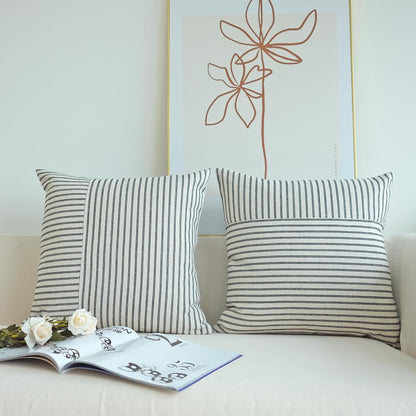 Black and Beige Patchwork Farmhouse Pillow Covers 20X20 Inch, Pack of 2 Striped Linen Decorative Modern Accent Pillow Cases for Sofa Couch Bedroom 20 X 20