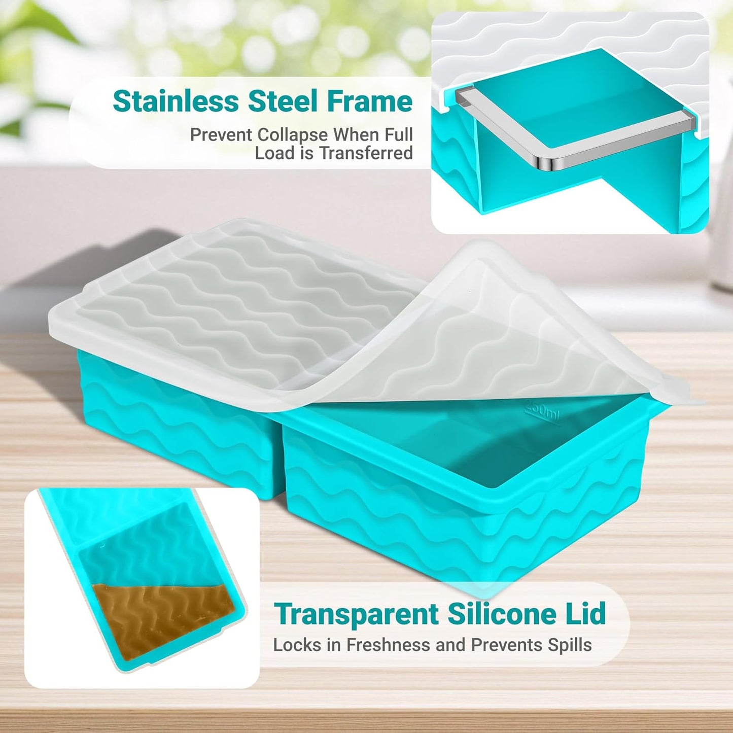 Silicone Freezer Tray with Lid – 2-Cup Soup Freezer Container Molds, Large Ice Cube Trays for Freezing Soup, Sauce & Broth, Meal Prep & Food Storage – Oven & Dishwasher Safe, 2-Pack