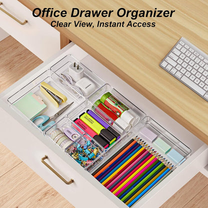 7-Piece Drawer Organizer with Non-Slip Silicone Pads, 4-Size Desk Drawer Organizer Trays Storage Tray for Makeup, Jewelries, Utensils in Bedroom Dresser, Office and Kitchen (Clear)