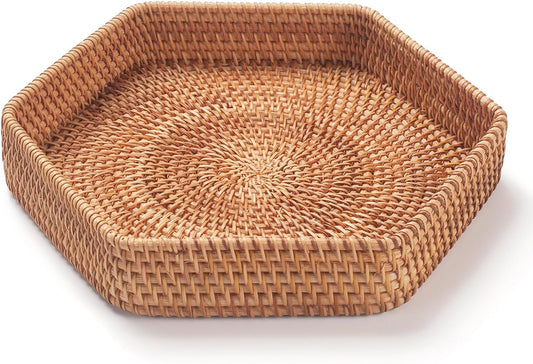 Hexagon Rattan Serving Tray for Coffee Table Woven Decorative Basket Trays for Ottoman Natural (9.8Inch X 2Inch)